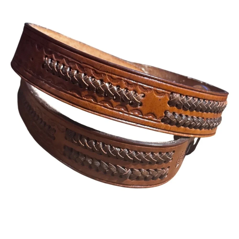 Hand Tooled Vintage Belt Mens 38 Tan Woven Inlay Made in Mexico Thick Leather